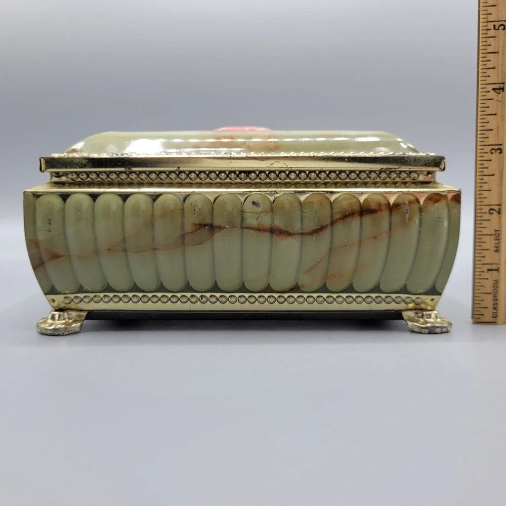 Vtg Footed Tea Tin Box Pink Faux Marble Jewelry Trinket Box Shelf Decor AS IS
